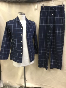Mens, Sleepwear PJ Top, GOODFELLOWS, Navy Blue, Lt Blue, Cotton, Plaid-  Windowpane, S, Top:  Navy with Light Blue Window Pane, Collar Attached, Button Front, 1 Pocket, Long Sleeves, with Matching Pants
