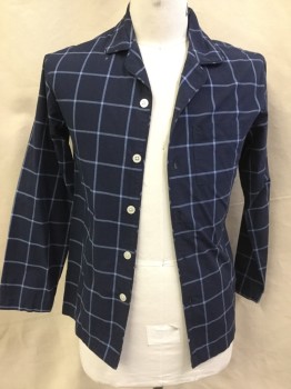 Mens, Sleepwear PJ Top, GOODFELLOWS, Navy Blue, Lt Blue, Cotton, Plaid-  Windowpane, S, Top:  Navy with Light Blue Window Pane, Collar Attached, Button Front, 1 Pocket, Long Sleeves, with Matching Pants