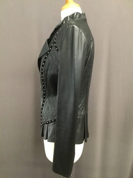 ANTONIO MELANI, Pewter Gray, Leather, Suede, Solid, Geometric, No Collar, Ruffle Upper Neck Edge, 1/2 Lapel, Asymmetrical, Front Zip, Long Sleeves, Zip Cuffs, Pleated Peplum, Decorative Stitching and Studs