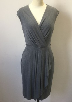 Womens, Dress, Sleeveless, CALVIN KLEIN, Gray, Rayon, Spandex, Solid, 6, Jersey, Almost Cap Sleeves, Wrapped V-neck, Wrapped Look in Front, Knee Length **Barcode Behind Neckline