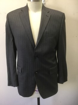 N/L, Dk Gray, Lt Gray, Red Burgundy, Wool, Stripes - Pin, Dark Gray with Light Gray and Burgundy Pinstripes, Single Breasted, Notched Lapel, 2 Buttons, 3 Pockets, Solid Black Lining