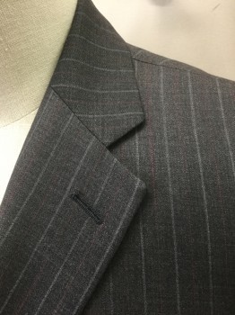 N/L, Dk Gray, Lt Gray, Red Burgundy, Wool, Stripes - Pin, Dark Gray with Light Gray and Burgundy Pinstripes, Single Breasted, Notched Lapel, 2 Buttons, 3 Pockets, Solid Black Lining