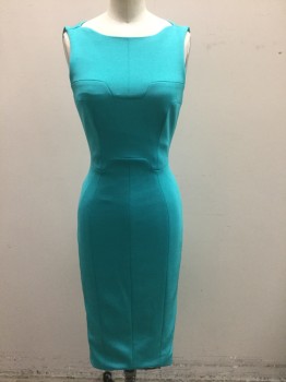 KAREN MILLEN, Turquoise Blue, Viscose, Spandex, Solid, Stretchy Body-con Dress, Sleeveless, Bateau/Boat Neck, Futuristic Panels/Seams Throughout, Hem Below Knee, Invisible Zipper at Center Back