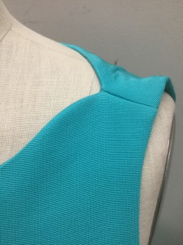 KAREN MILLEN, Turquoise Blue, Viscose, Spandex, Solid, Stretchy Body-con Dress, Sleeveless, Bateau/Boat Neck, Futuristic Panels/Seams Throughout, Hem Below Knee, Invisible Zipper at Center Back
