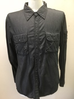 Mens, Casual Shirt, N/L, Charcoal Gray, Cotton, Solid, XL, Charcoal Chambray, Long Sleeve Button Front, Collar Attached, 2 Patch Pockets at Front with Button Flap Closures, Cargo Type Pocket on One Sleeve **Has a Double