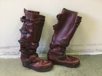 MTO, Red Burgundy, Red, Leather, Plastic, Made To Order, Knee High Sci Fiction/Slim Fit, Boots, Burgundy Leather, Velcro and Plastic Clasp Closures. Multiples