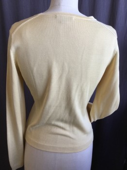 BROOKS BROTHERS, Yellow, White, Silk, Cotton, Solid, White Trim V-neck & Front Center, Button Front, Ribbed Long Sleeves Cuffs