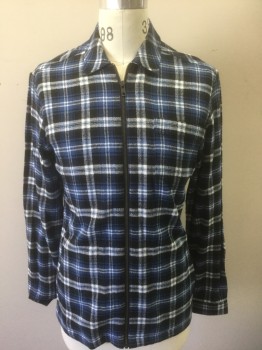 TOPMAN, Blue, Navy Blue, White, Cotton, Plaid, Flannel, Zip Front, Collar Attached, 3 Pockets, No Lining