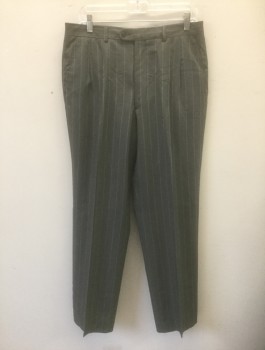 Mens, 1990s Vintage, Suit, Pants, CERRUTI, Gray, Beige, Wool, Stripes - Pin, 33/30, Pleated Front, Btn Tab Waist, Zip Fly, 4 Pckts,