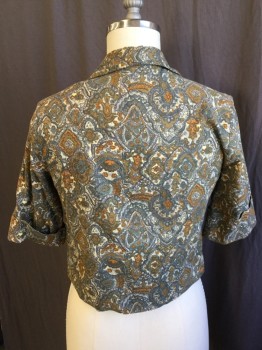 KORET OF CA, Gray, Brown, Cream, Lt Gray, Rust Orange, Cotton, Polyester, Paisley/Swirls, Diamonds, Notched Lapel, , Button Front, Short Sleeves with Cuff