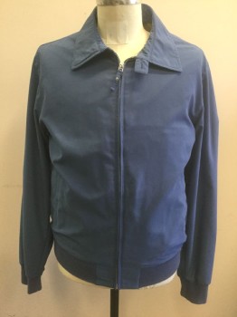 FACCONABLE, Cornflower Blue, Polyester, Cotton, Solid, Zip Front, Collar Attached, 2 Pockets, Rib Knit Cuffs and Waistband, Beige Solid Lining