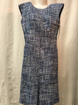 Womens, Dress, Sleeveless, BROOKS BROTHERS, Blue, White, Navy Blue, Polyester, Cotton, 2 Color Weave, Abstract , 0P, Silver Metallic Thread Pecks