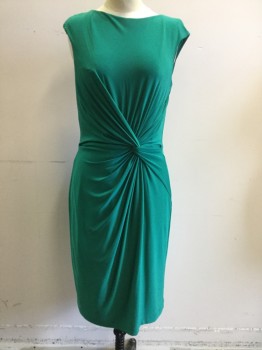 RALPH LAUREN, Green, Polyester, Elastane, Solid, Scoop Neck, Gathered Knot Front at Off Center Waist, Stretch, Knee Length
