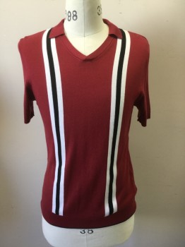 Mens, Pullover Sweater, TOPMAN, Cranberry Red, Viscose, Acrylic, Stripes - Vertical , S, with Black/White Stripes Down Front, S/S, V-N, C.A., Ribbed Knit Waistband