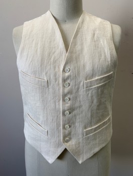 Mens, 1920s Vintage, Suit, Vest, DARCY, Cream, Linen, Herringbone, Solid, 46, Single Breasted, 6 Buttons, 4 Welt Pockets, V-neck, Pinstriped Back with Belt at Back Waist, Reproduction