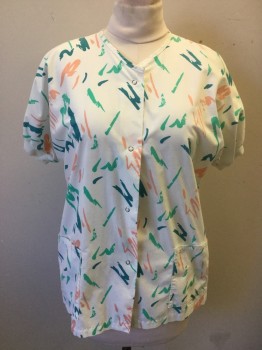 Womens, Nurse, Top/Smock, ANGELICA, White, Peach Orange, Teal Green, Green, Poly/Cotton, Novelty Pattern, L, 80's Squiggle Pattern on White, Jacket, Snap Front, Dolman Short Sleeves, White Ribbed Knit Cuff, 2 Pockets