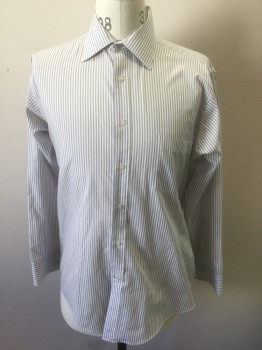Mens, Dress Shirt, VAN HEUSEN, White, Slate Blue, Tan Brown, Poly/Cotton, Stripes - Pin, S:32-3, N:15.5, White with Slate Blue and Tan Vertical Stripes, Long Sleeve Button Front, Collar Attached, 1 Patch Pocket,