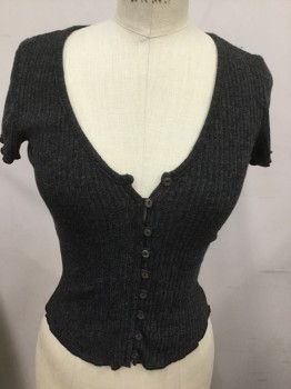 Womens, Top, SADIE AND SAGE, Charcoal Gray, Rayon, Polyester, Solid, S, V-neck, Short Sleeves, Rib Knit, Button & Loops,