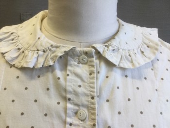 MTO, Ecru, Beige, Cotton, Polka Dots, Peter Pan Collar with Ruffled Trim, Button Front, Four Knife Pleats on Front and Back, Long Sleeves, Gathered at Shoulders, Elastic Wrist,