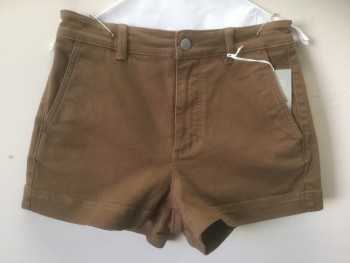 Womens, Shorts, EVERLANE, Brown, Cotton, Elastane, Solid, 4, Twill, High Waist, 3" Inseam, Zip Fly, 5 Pockets, Has a Double (FC055537)