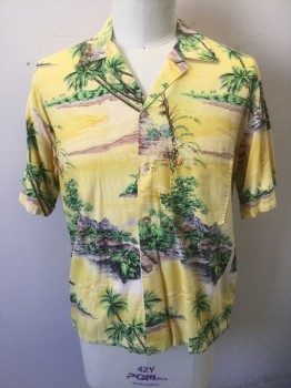 Mens, Hawaiian Shirt, HALLELUJAH, Yellow, Green, Beige, Brown, Gray, Cotton, Tropical , Hawaiian Print, L, Yellow with Tropical Landscape Pattern with Palm Trees, Mountains, Tropical Foliage, Etc, Short Sleeve Button Front, Collar Attached, 1 Pocket, Has Multiples