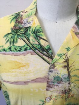 Mens, Hawaiian Shirt, HALLELUJAH, Yellow, Green, Beige, Brown, Gray, Cotton, Tropical , Hawaiian Print, L, Yellow with Tropical Landscape Pattern with Palm Trees, Mountains, Tropical Foliage, Etc, Short Sleeve Button Front, Collar Attached, 1 Pocket, Has Multiples