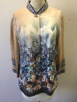 Womens, Blouse, CITRON, Multi-color, Beige, Slate Blue, Navy Blue, Plum Purple, Silk, Floral, Geometric, M, Self Floral Textured Silk, Beige at Shoulders, Fades Into Watercolor Flowers at Waist to Hem, Intricate Geometric Detail at Neck and Sleeves, 3/4 Sleeves, Button Front, Mandarin Collar,  Southeast Asian Inspired,