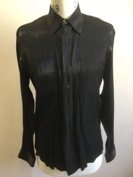 Mens, Club Shirt, LE MONDE, Iridescent Black, Rayon, Polyester, M, Shiny, Self Pinstripe, Long Sleeve Button Front, Collar Attached, 1 Patch Pocket, Black and Silver Buttons,
