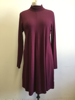 APT 9, Red Burgundy, Rayon, Polyester, Solid, Knit Dress, Ribbed Knit Turtleneck, Long Sleeves, Center Front & Center Back Seams, A-line