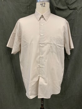 VAN HEUSEN, Beige, Poly/Cotton, Solid, Button Front, Collar Attached, Short Sleeves, 1 Pocket, Doubles