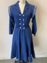 Womens, Dress, N/L MTO, Navy Blue, White, Cotton, Solid, W:30, B:36, Youthful Sailor Style Dress, Twill, Long Sleeves, Notched Collar, Double Breasted Placket with White Buttons, Elastic Waist, White Striped Trim at Shoulders, Retro/Reproduction, **Has Shoulder Burn