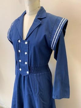 N/L MTO, Navy Blue, White, Cotton, Solid, Youthful Sailor Style Dress, Twill, Long Sleeves, Notched Collar, Double Breasted Placket with White Buttons, Elastic Waist, White Striped Trim at Shoulders, Retro/Reproduction, **Has Shoulder Burn