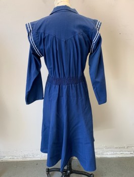 Womens, Dress, N/L MTO, Navy Blue, White, Cotton, Solid, W:30, B:36, Youthful Sailor Style Dress, Twill, Long Sleeves, Notched Collar, Double Breasted Placket with White Buttons, Elastic Waist, White Striped Trim at Shoulders, Retro/Reproduction, **Has Shoulder Burn