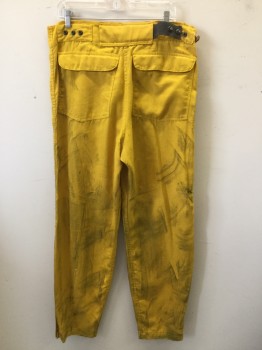 Mens, Fireman Turnout Pants, TRANSCON MFG, Yellow, Nomex, S, Velcro Font, 2 Pockets, Adjustable Waist, Aged, Crosspatch Knee Pad