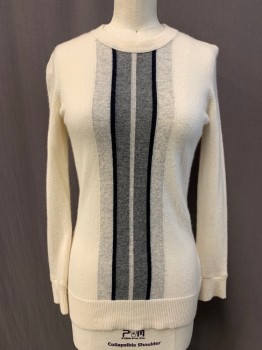 Womens, Pullover, VINCE, Cream, Gray, Black, Warm Gray, Cashmere, Stripes - Vertical , XXS, Regimental Stripes Down Center Front, Ribbed Knit Crew Neck/Waistband/Cuff, *Hole Near Neck, Left; Hole and Smudge Upper Right Sleeve*