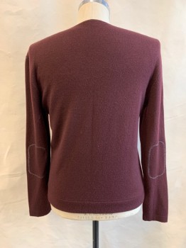 Mens, Pullover Sweater, JOHN VARVATOS, Red Burgundy, Cashmere, Solid, M, V-neck, Long Sleeves, Self Elbow Patches with Gray Stitching
