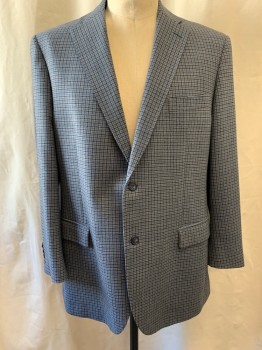 Mens, Sportcoat/Blazer, EMILIO YUST, Gray, Black, Blue, Wool, Houndstooth, 48S, Notched Lapel, Single Breasted, Button Front, 2 Buttons,  3 Pockets