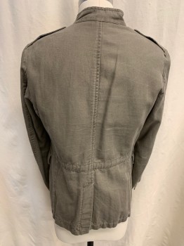 Mens, Casual Jacket, MASSIMO DUTTI, Olive Green, Cotton, Solid, M, Button Front, 4 Flap Pockets, Band Collar with Tab Buckle, Epaulets, Long Sleeves, Interior Drawstring Waist