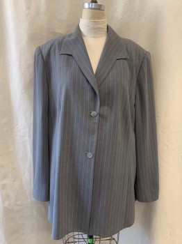 Womens, 1990s Vintage, Suit, Jacket, RENA ROWAN, Gray, White, Polyester, Stripes - Pin, 24W, Collar Attached, Single Breasted, Button Front & Snap Front, Long Sleeves, Vent Slit on Ea Side