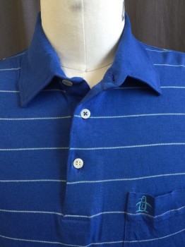Mens, Polo Shirt, GRAND SLAM, Royal Blue, Teal Blue, Orange, Beige, Cotton, Polyester, Stripes - Horizontal , L, Solid Royal Blue Collar Attached, 3 Button Front, 1 Pocket, Short Sleeves,
