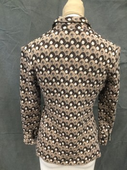 Womens, 1970s Vintage, Piece 1, N/L, Dk Brown, Lt Brown, Cream, Wool, Geometric, B 34, Shirt with Egg-like Abstract Pattern with Circles, Pullover, 1/2 Button Front with Snaps, Pointy Collar Attached, Long Sleeves with Cuffs