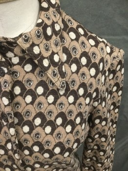 Womens, 1970s Vintage, Piece 1, N/L, Dk Brown, Lt Brown, Cream, Wool, Geometric, B 34, Shirt with Egg-like Abstract Pattern with Circles, Pullover, 1/2 Button Front with Snaps, Pointy Collar Attached, Long Sleeves with Cuffs