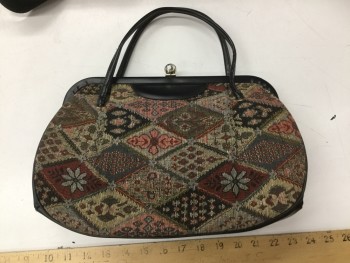 Womens, Purse, N/L, Black, Red, Blue, Cream, Brown, Faux Leather, Cotton, Floral, Novelty Pattern, O/S, Floral/novelty Tapestry & Black Pleather
