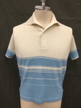 PURITAN, Cream, Baby Blue, Polyester, Stripes, Knit, Raglan Short Sleeves, Ribbed Knit Collar Attached/Placket