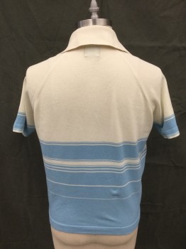 PURITAN, Cream, Baby Blue, Polyester, Stripes, Knit, Raglan Short Sleeves, Ribbed Knit Collar Attached/Placket