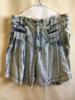 Womens, Shorts, HYPE, Blue, Cotton, Solid, 30, Acid Washed Blue Denim, 3 Pleat Front, Zip Front, Cuff Hem