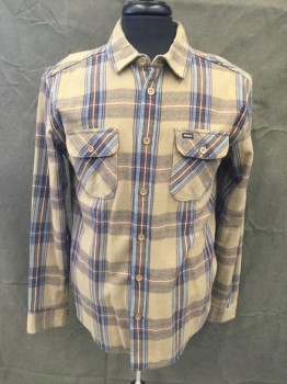 RVCA, Lt Brown, Dk Brown, Lt Blue, White, Cotton, Plaid, Flannel, Button Front, Collar Attached, Long Sleeves, Button Cuff, 2 Flap Button Pockets