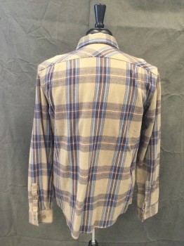 RVCA, Lt Brown, Dk Brown, Lt Blue, White, Cotton, Plaid, Flannel, Button Front, Collar Attached, Long Sleeves, Button Cuff, 2 Flap Button Pockets