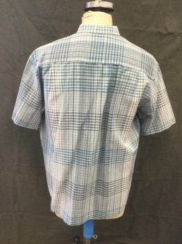 CHISPA, Teal Blue, White, Dk Blue, Ramie, Cotton, Check , Button Front, Collar Attached, Short Sleeves, Teal Blue Top Stitching on Collar and Placket