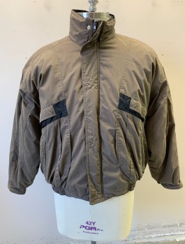 Mens, Jacket, FADED GLORY, Brown, Black, Poly/Cotton, Solid, L, Puffy Winter Jacket, Zip and Snap Front, 4 Pockets, Black Trim on Chest Pockets, Stand Collar, Black Quilted Nylon Lining,
